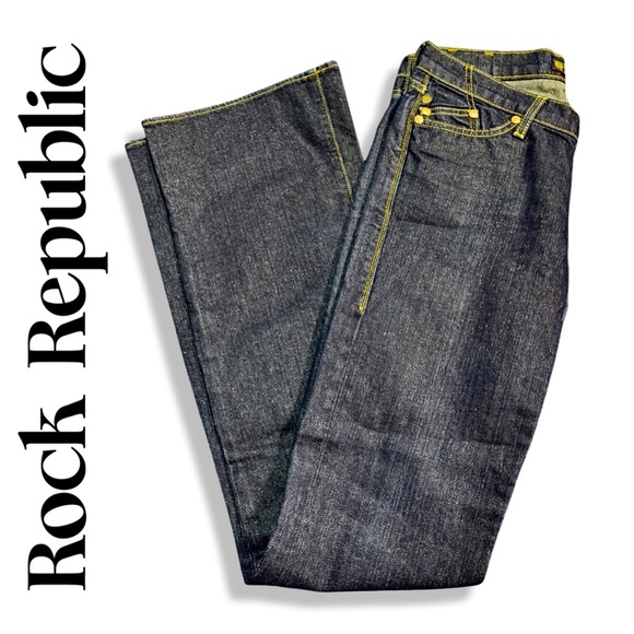 Rock & Republic Denim - Woman's Vintage Y2K  Rock & Republic Jeans,Dark Blue w/Gold Low Rise,Flare Jeans